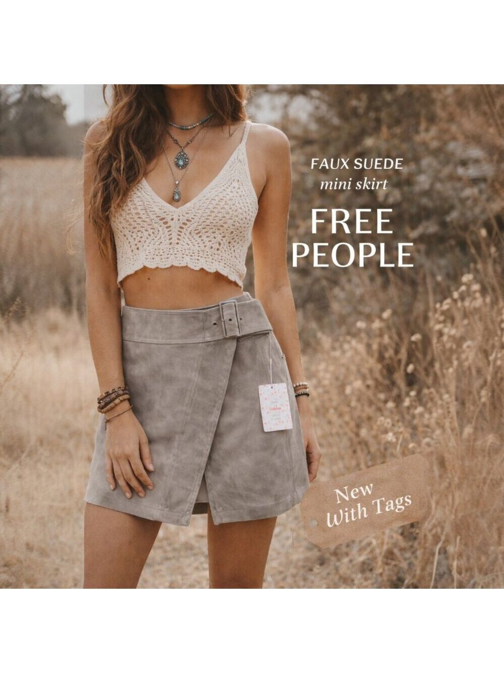 Free People NWT Faux Suede Mini Skirt Size 10 | Stone Gray Wrap Belted